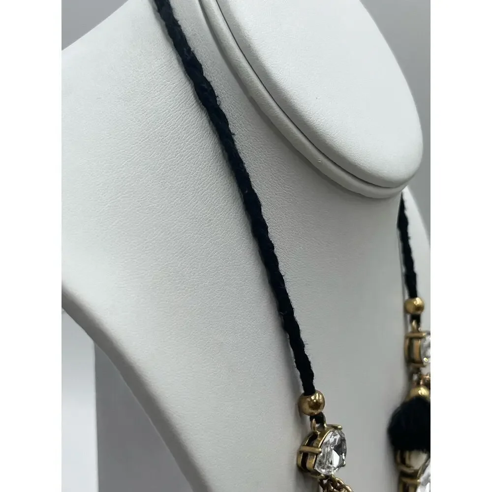 J. Crew Crystal Clear Milky White Gems Black Fringe‎ Adjustable Tie Necklace